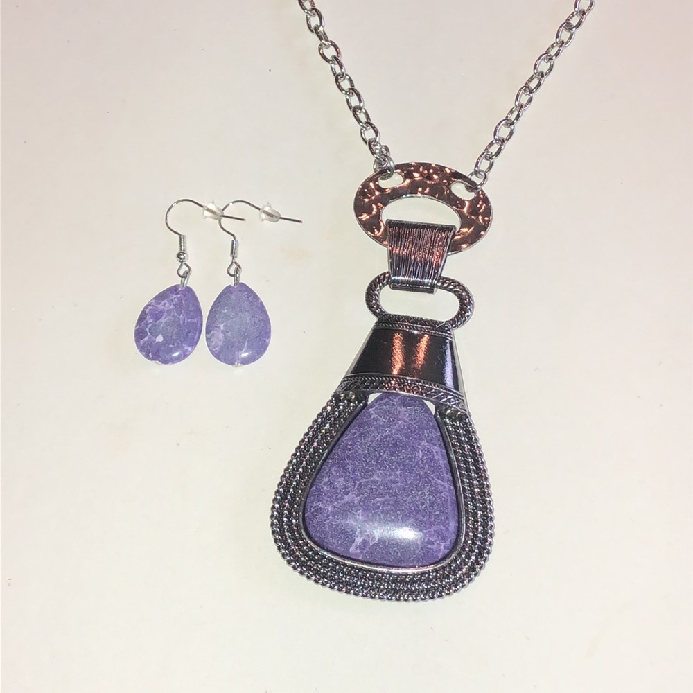 Silver Tone Purple Faux Stone Pendant Necklace and Earrings Set